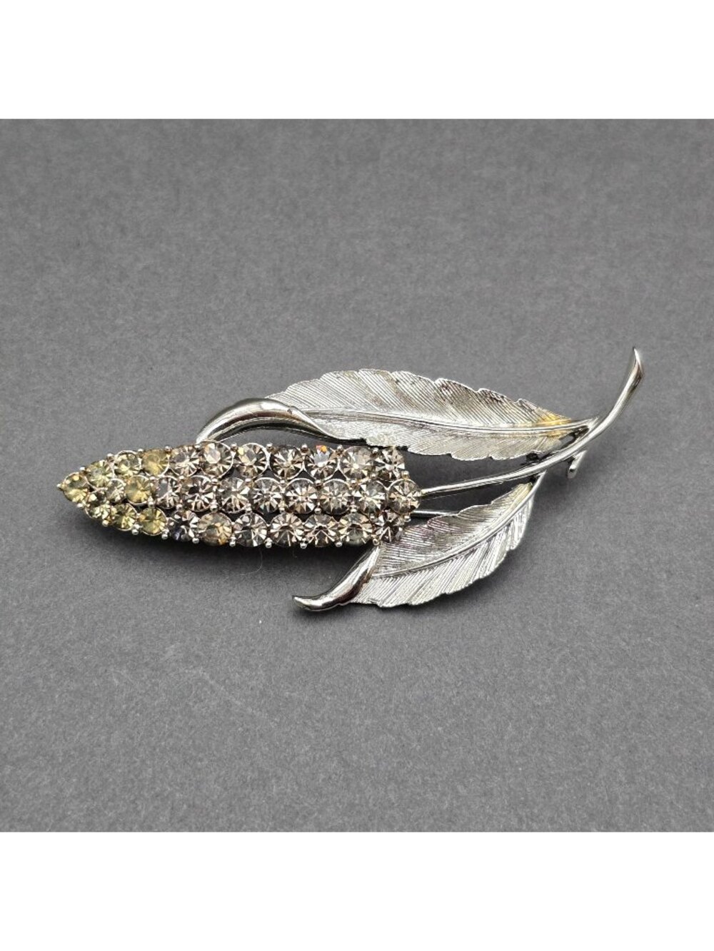 Vintage Coro Silver Tone Rhinestone Corn Brooch Floral Pin 3.25"